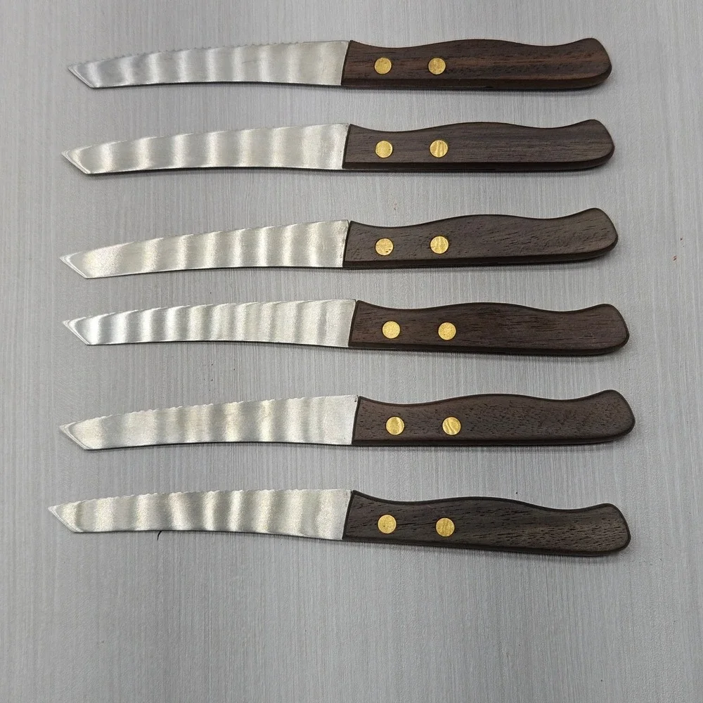 Vintage Stainless Japan Steak Knife Set 6 Wood Handle Brass Rivets Serrated MCM